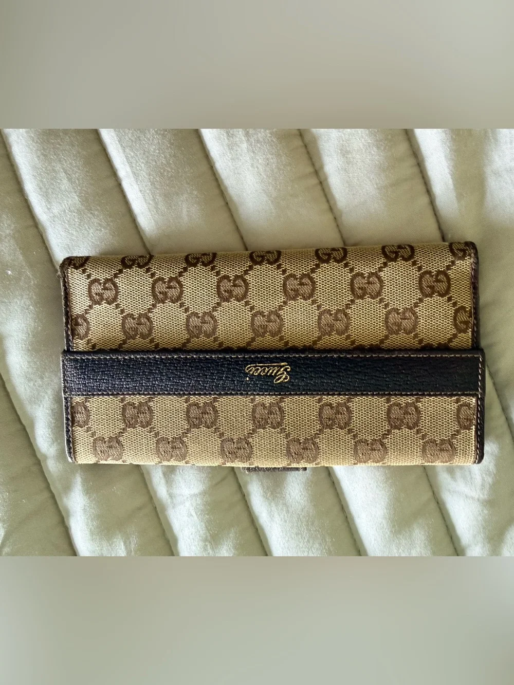 Gucci GG Monogram Canvas Continental Wallet Brown Leather Trim